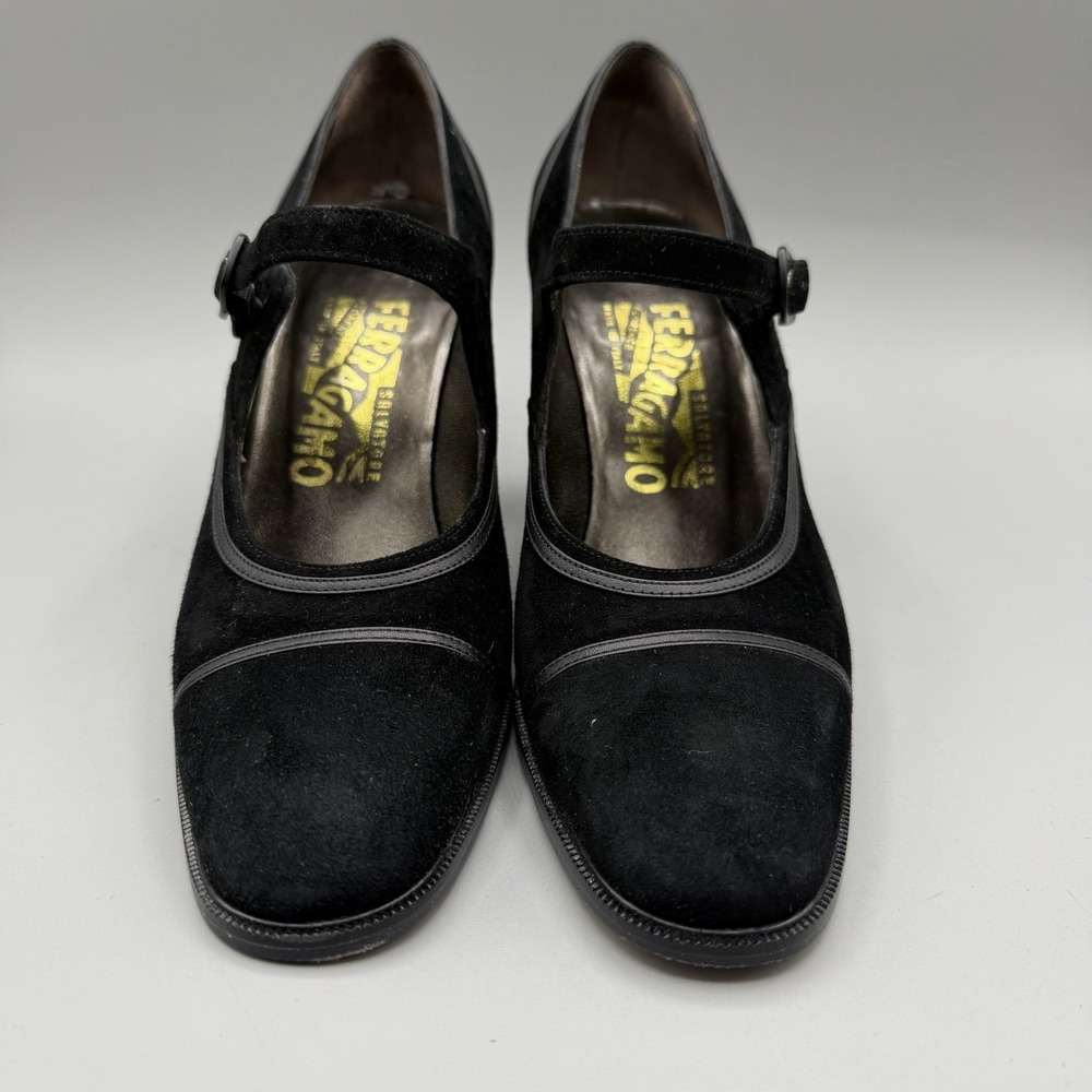 Salvatore Ferragamo Size 6C Black Calf Suede Heeled Mary Jane Designer Pumps - Picture 2 of 15